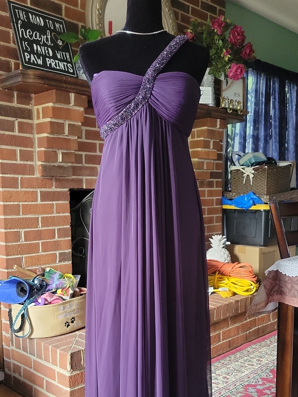 Cache One-Shoulder Purple Chiffon Evening Dress with Beaded Strap